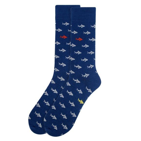 Mens Shark Fish Fishing Socks Gift for Him Crew Dress Socks Blue Ocen - Picture 1 of 4